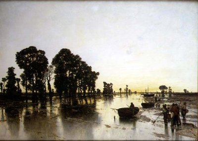 Een uitgestrekt overstroomd landschap met boeren door Karl Heffner