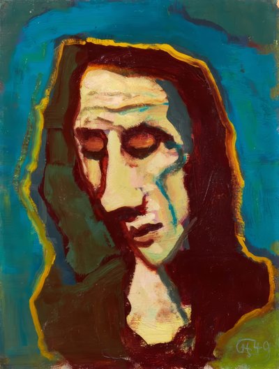 Vrouwenkop met neergeslagen blik door Karl Hofer