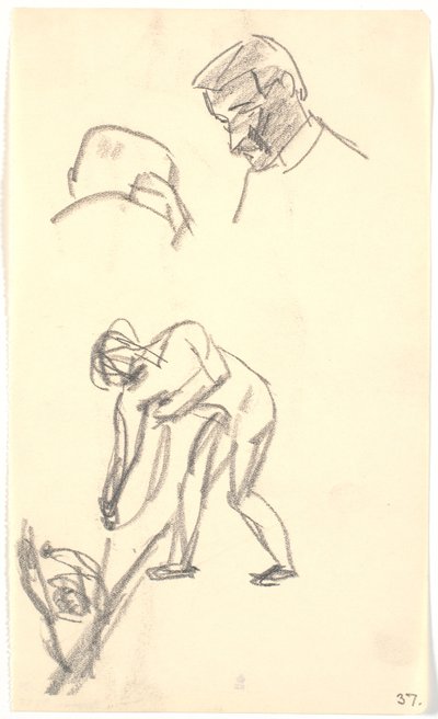 Verschillende kleine schetsen: Twee hoofden van een paar figuren (compositieontwerp?) door Karl Isakson
