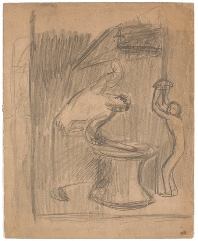 Compositieschets: een gezel bij het aambeeld en een jongen bij de blaasbalg door Karl Isakson
