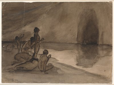 Naakte mensen aan de oever van Aurvangaland zien de boot met Heimdal komen door Karl Isakson