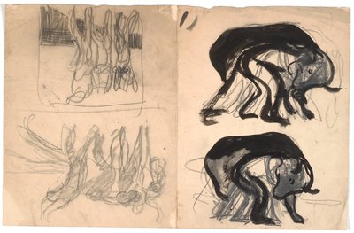 T.v: twee compositieschetsen met een gebogen mens onder een beerachtig dier. T.h.: twee compositieschetsen met meerdere figuren door Karl Isakson