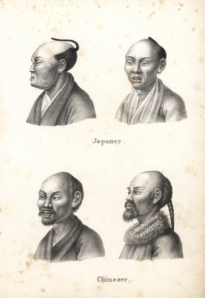 Bustes van Japanse mannen met chonmage-knot en Chinese mannen met baarden, een met vlecht. Lithografie door Karl Joseph Brodtmann uit Heinrich Rudolf Schinz