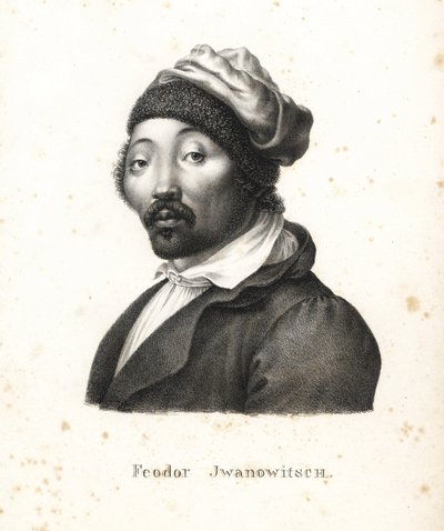 Feodor Jwanowitsch, Kalmukse nomade ontvoerd door de Russen die later schilder en kopergraveur werd. Lithografie door Karl Joseph Brodtmann uit Heinrich Rudolf Schinz