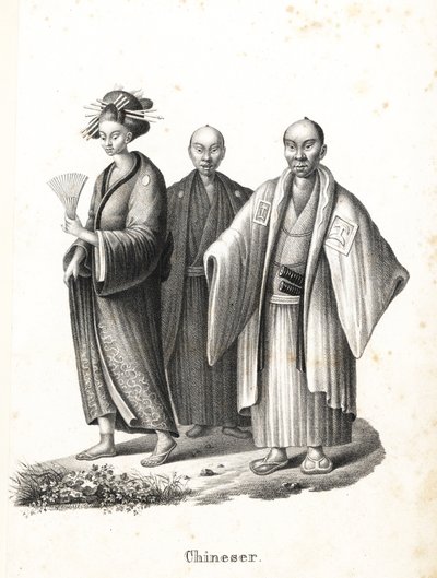 Japanse oiran en samurai. Japanse courtisane in kimono met waaier en haarornamenten, en twee Japanse samurai in chonmage-kapsel met montsuki over hakama en twee zwaarden (katana) in hun riemen. (Ten onrechte Chinees genoemd.) Lithografie door Karl Joseph door Karl Joseph Brodtmann