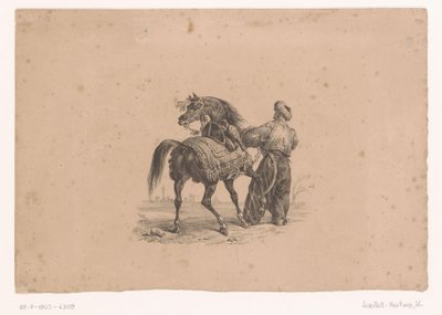 Paard en staande man in Ottomaanse kledij door Karl Loeillot Hartwig