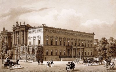 Unter den Linden, Berlijn. Het paleis van prins Wilhelm, gebouwd door Karl Langhans in 1834-36, en de Koninklijke Bibliotheek, gebouwd door Georg Christian Unger 1775-78 volgens plannen van Josef Emanuel Fischer von Erlach, met uitzicht op de Platz am Oper door Karl Loeillot Hartwig