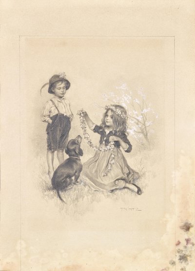 Twee kinderen spelen in een weiland met bloemen en een teckel door Karl Ludwig Prinz