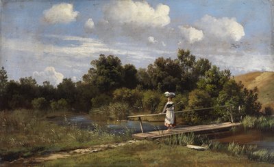 Zomerse landschap met een wasvrouw op een brug door Karl Millner