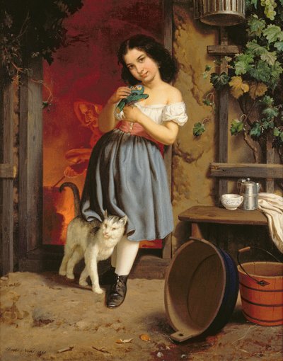 Een Jong Meisje met een Kat door Karl Nahl