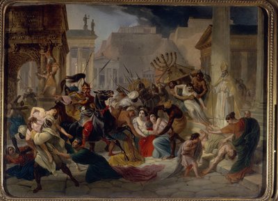 Sack van Rome in 455: Genseric (of Geiseric) (ca. 399-477) en de Vandalen vallen Rome binnen. Ze plunderen de stad en nemen de Menorah mee. Schilderij van Karl Pavlovich Briullov (Brioullov) (1799-1852) door Karl Pavlovich Bryullov