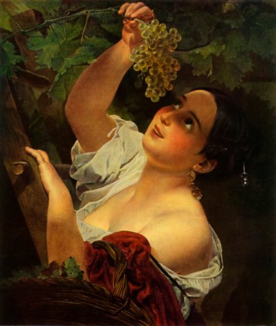 Italiaanse Middag, Italiaans Meisje dat Druiven Plukt door Karl Pavlovich Bryullov