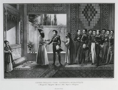 Eerste ontmoeting van graaf Ivan Paskevich met Abbas Mirza, 1828 door Karl Petrovich Beggrov