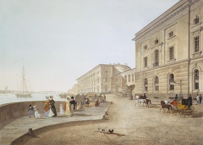 Uitzicht op de Neva-oever bij het Oude Hermitage-gebouw door Karl Petrovich Beggrov