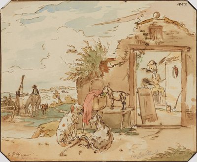 Landelijke idylle, boerderij met geiten, hond, paard bij waterput door Karl Pischinger