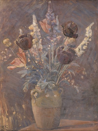 Kleivazen met tulpen en andere bloemen van Karl Schou door Karl Schou
