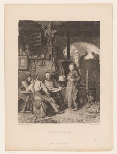 Mannen rondom een tafel in een kelder door Karl Vaditz