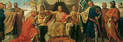 Friedrich Barbarossa verleent Heinrich Jasomirgott en Heinrich de Leeuw door Karl von Blaas