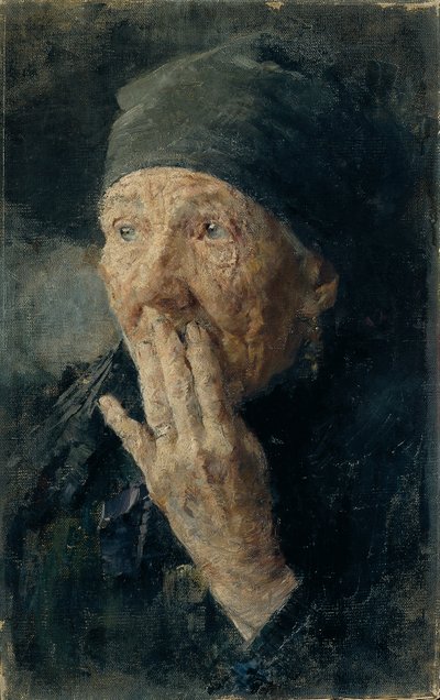 Hoofd van een oude vrouw met de hand aan de mond door Karoline Kubin
