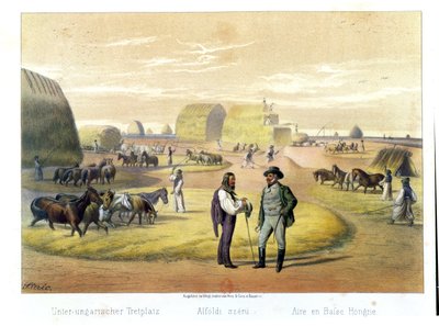 Tarwe dorsen in Hongarije, uit een boek van Baron Pronay, Boedapest, 1855 door Karoly Sterio