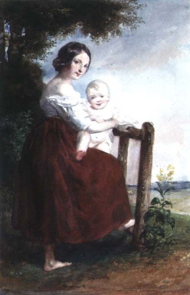 Meisje met een baby: landschap achtergrond door Karoly or Charles Brocky
