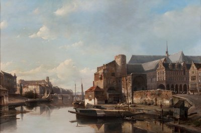 Een capriccio uitzicht op een Nederlandse stad langs een rivier door Kaspar Karsen