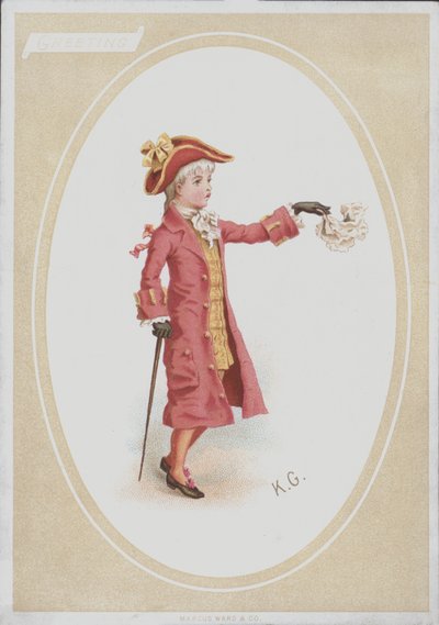 Jongen in rood pak, zwaaiend met zakdoek door Kate (after) Greenaway