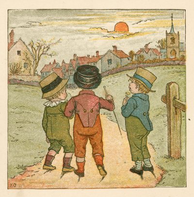 Jongens op wandel (kleur litho) door Kate (after) Greenaway