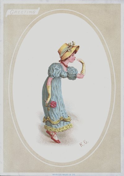 Meisje in blauwe jurk, met strohoed, roos vasthoudend door Kate (after) Greenaway