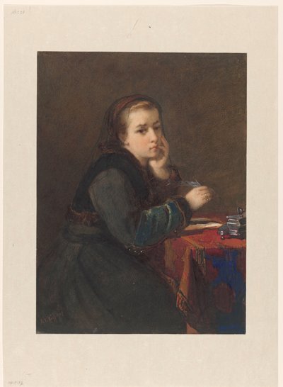 Meisje, zittend schrijvend aan een tafel door Kate Bisschop Swift