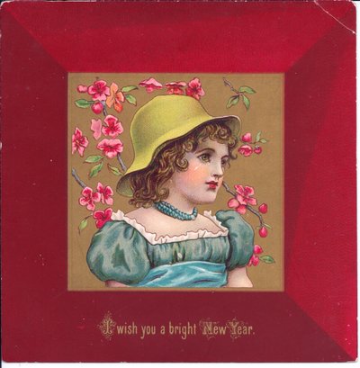 Victoriaanse kerstkaart van een meisje in regentiekleding met een boeket bloemen, ca. 1880 door Kate Greenaway