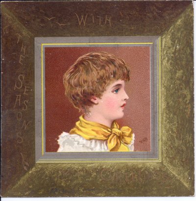 Victoriaanse nieuwjaarskaart van een meisje in regentiekleding met een blauwe muts, ca. 1880 door Kate Greenaway