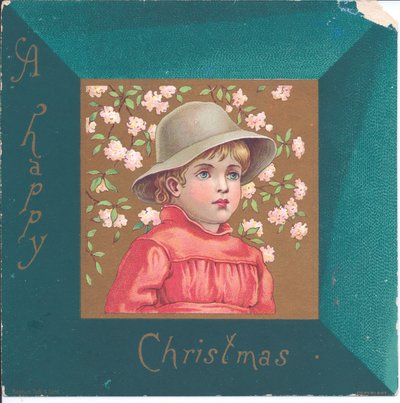 Victoriaanse nieuwjaarskaart van een meisje in regentiekleding met een ketting van blauwe kralen, ca. 1880 door Kate Greenaway