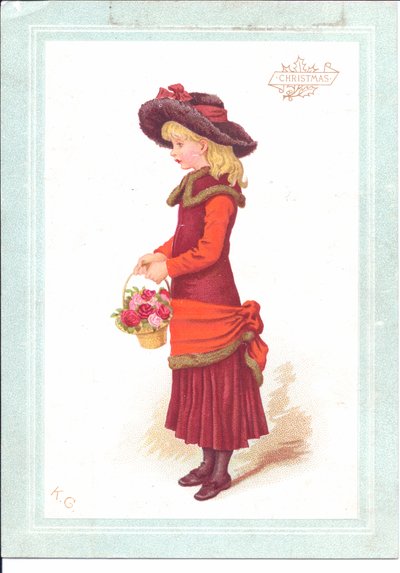 Victoriaanse wenskaart van een kind in regentiekleding, ca. 1880 door Kate Greenaway