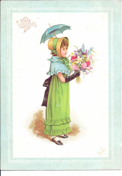 Victoriaanse wenskaart van kinderen in kostuum die dansen, ca. 1880 door Kate Greenaway