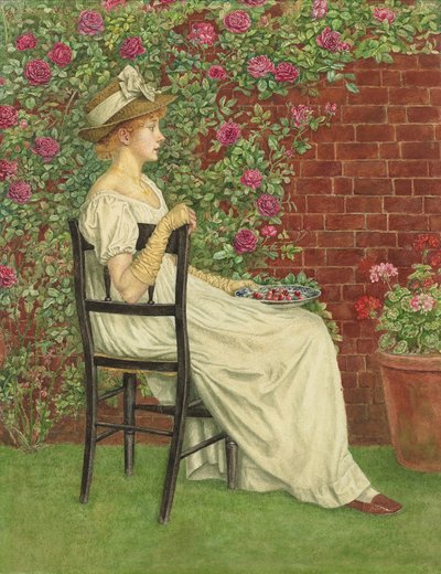 Een jong meisje zittend in een stoel, een kom kersen in haar hand door Kate Greenaway