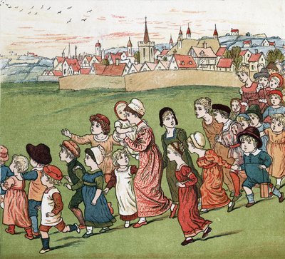 Een menigte moeders en kinderen die het dorp ontvluchten. Illustratie door Kate Greenaway (1846-1901) uit het boek met verhalen en kinderrijmpjes 