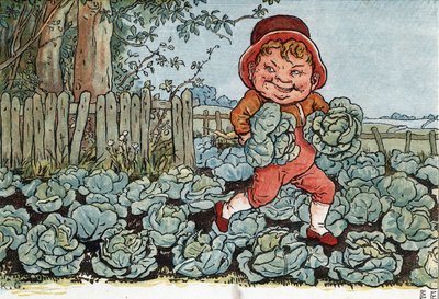Een kabouter steelt kool uit een moestuin. Illustratie door Kate Greenaway uit het boek 