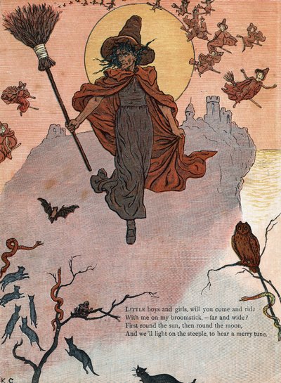 Een heks en haar bezem omringd door zwarte katten, vleermuis en uil. (Jongens en meisjes, willen jullie met mij op mijn bezemsteel rijden?) Illustratie door Kate Greenaway (1846-1901) uit het boek met verhalen en kinderrijmpjes 