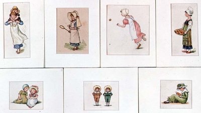 Collectie miniatuur aquarellen van spelende kinderen door Kate Greenaway