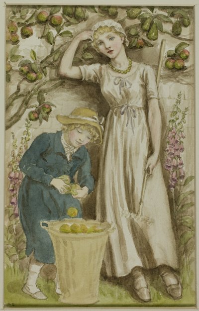 Meisje en jongen plukken appels door Kate Greenaway