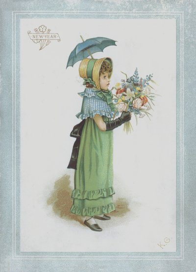Meisje in groene jurk, met parasol en een boeket bloemen door Kate Greenaway
