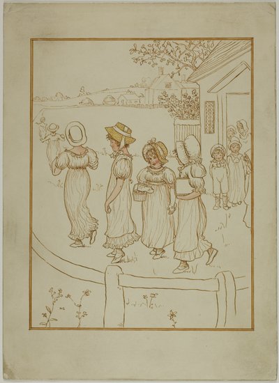Meisjes die een laan aflopen door Kate Greenaway