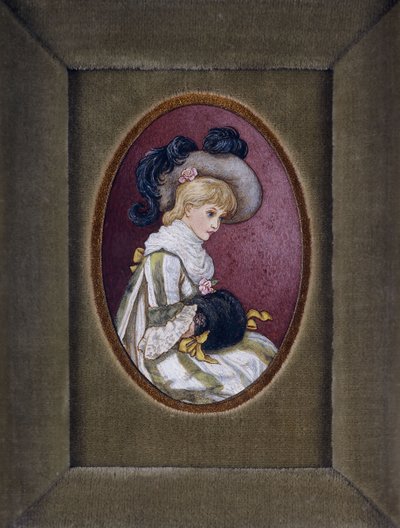 Ovaal portret van een blond meisje met een gevederde hoed en haar handen in haar mof door Kate Greenaway