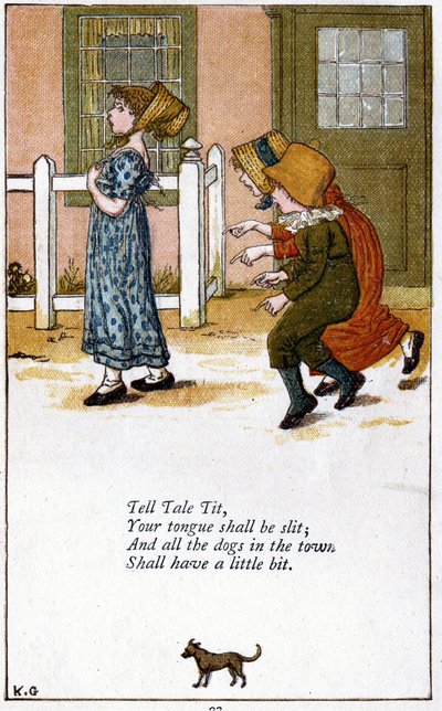 Vertel sprookje tit / Je tong zal worden gespleten: Illustratie door Kate Greenaway voor een boek met kinderrijmpjes. Chromolithografie door Kate Greenaway