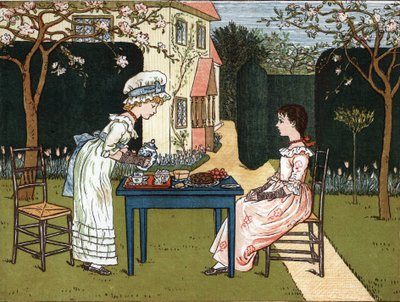 Tijd van de dag: twee jonge meisjes proeven in een tuin. Illustratie door Kate Greenaway (1846-1901) uit het boek met verhalen en kinderrijmpjes 