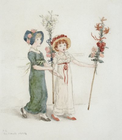 Twee kinderen met stokken door Kate Greenaway