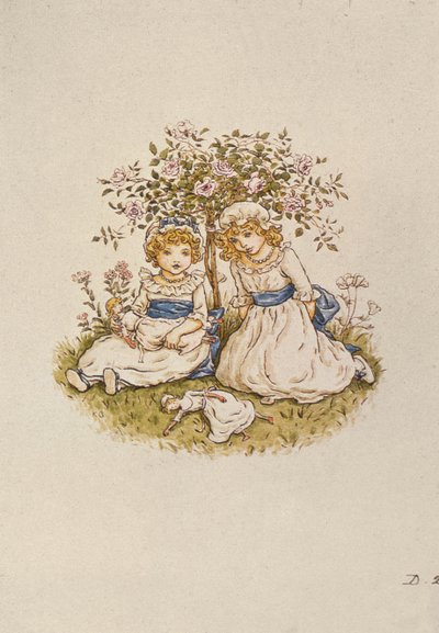 Twee meisjes met poppen zittend onder een rozenstruik, 19e eeuw door Kate Greenaway