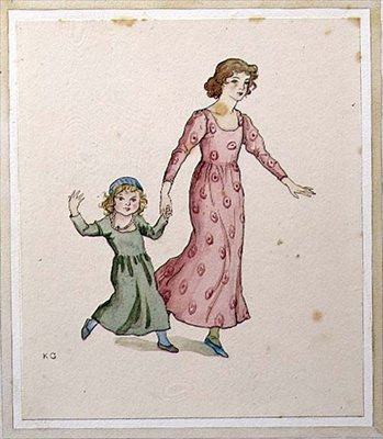 Twee kleine meisjes in feestjurken door Kate Greenaway