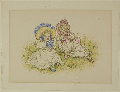 Twee kleine meisjes met hoeden door Kate Greenaway